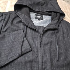 Betabrand Executive Pinstripe Hoodie Jacket Mens Large Black Wool Zip Coat